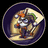 Pixelated circular icon shows a character in blue and orange armor holding a sword, set against a beige background with green accents. Text reads 'THE JOKER' on light purple