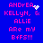 Blue background with pink pixelated text reading "ANDREA KELLYN, & ALLIE ARE my BFFS!!!" and two white heart-shaped animations.