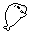 Pixelated white fish-shaped icon with black outline on gray background, showing two distinct poses with cyan dots scattered around.