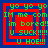 Four identical pixelated display green text on red and blue concentric squares with repeated phrases