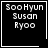 Four black square with white borders display the text 'Soo Hyun Susan Ryoo' in pixelated white font; the top-right has a white heart symbol and the bottom-right has a white star symbol