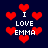 Pixelated red hearts and white text reading "I LOVE EMMA" on a dark blue background with animated heart movement.
