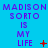 Blue background with repeated purple text "MADISON SORTO IS MY LIFE" and red symbols changing across three of identical layouts