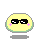 Pixelated yellow circular figure with green outline, pink blush marks, and black sunglasses in top-left state; transitions to closed eyes with floating black-and-white object in bottom states.