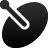Black wireframe icon of a satellite dish with a white curved line representing a signal or feed horn, set against a light gray background.