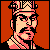 Pixelated 50x50 static icon of a character with dark hair, mustache, and glasses against an orange background, wearing a checkered headpiece and patterned clothing.