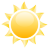 Pixelated sun icon with gradient yellow-orange center and eight triangular rays on gray background