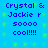 Blue background with green pixelated squares and blue text reading "Crystal & Jackie r soooo cool!!!!" in two identical vertical