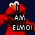 Red cartoon character with large eyes and orange nose holds black rectangle with white text 'I AM ELMO!' against dark blue background.
