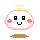 A 4-frame pixel art animation of a round white character with pink cheeks, black square eyes, and a yellow top element, showing two mouth expressions over brown bases on gray background.
