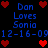 Pixelated blue text on black background with red heart icons, displaying 'Dan Loves Sonia 12-16-09' in two mirrored sections.