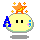 Pixelated character with yellow face, black square eyes, blue 'A' on left cheek, orange star atop head with small yellow stars around it.