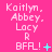 A bright pink background displays repeated text "Kaitlyn. Abbey. Lacy R BFAL!" with small cyan symbols changing across three of identical text blocks