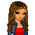 Pixel art contact sheet showing multiple frames of a female character in red and blue sportswear with long brown hair, including full-body views, close-ups, and text elements.