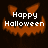 Pixelated orange pumpkin face with white text 'Happy Halloween' on dark background, showing animation changes across frames.
