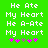 Green background with white pixelated text reading 'He Ate My Heart' and 'He A-Ate My Heart', two pink asterisks, one purple asterisk, and a repeated pattern of symbols.