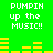 Green background with white text "PUMPIN up the MUSIC!!" and yellow audio equalizer bars in pixelated style.