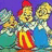 Pixelated image of three cartoonish figures with yellow faces, red hats, and blue clothing against a purple background with green and white elements.