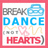 Pixelated icon with text 'BREAK DANCE & HEARTS' in blue, gray, and red letters over white background with pink border.