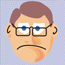 Pixelated cartoon head with brown hair, blue eyes, black glasses; mouth changes from frown to open to smile