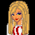 Pixel art buddy icon featuring a blonde woman in red-and-white striped top and gray pants with text "MaYi TaKe uR OrDeR?" on black background.