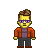 Pixelated character with yellow skin, brown hair, purple glasses, orange jacket, purple shirt, dark gray pants, and brown shoes against a light gray background.
