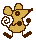 Pixelated cartoon mouse with yellow and orange body, brown limbs, black eyes, white spiral prop, gray background.