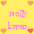Yellow background with pink text and pixelated hearts in orange and red, arranged in a pattern with repeated text and heart symbols
