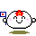 A 4-frame pixel art animation of a white round character with pink cheeks, red flower headpiece, and blue-and-white flags in different poses across frames.