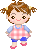 Pixel art contact sheet showing two frames of a cartoon girl character with pigtails, pink checkered dress, and blue sleeves standing against gray background.