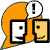 Animated orange speech bubble with two rectangular faces, one white and one yellow-orange, each with a single black dot eye; the right face's mouth animates from neutral to smiling.