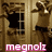Pixelated image of a wooden door with a barred window and a figure holding a light source, with pink text reading 'magnoliz' at the bottom.