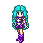 Pixel art character with turquoise hair and purple outfit in multiple poses showing sleep states.