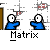 A contact sheet of 11 animated frames showing a pixel art character in blue clothing interacting with red-and-white objects against a gray background, each frame labeled "Matrix" below.