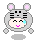 Pixel art of a gray animal character with pink ears and black stripes, showing two expressions: closed eyes with a smile on the left, open eyes with a blush on the right.