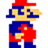 Pixelated character in red hat, blue overalls, and red shirt with yellow accents, standing against white background.