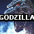 Pixelated image of Godzilla and a human figure with bold text "GODZILLARULES" overlaid, featuring blue and gray tones with white highlights.