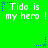 Green background with repeated white text 'Tido is my hero!' and blue star icons in pixelated style.