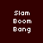 Pixelated text "Slam Boom Bang" arranged in a with green highlight bars over individual words