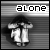 Pixelated grayscale icon with horizontal striped background, featuring a figure in white clothing and dark hair beneath the word 'alone' rendered in blocky pixel font.