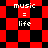 Red and black pixelated with 'music = life' text repeated across two distinct patterned sections
