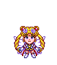 Pixel art character with blonde pigtails, white wings, and a pink-and-blue outfit in multiple poses including standing, turning, and emitting pink energy effects.