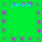Green background with repeated cyan 'peace' text and purple square accents arranged in a pattern
