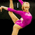 A gymnast in a pink leotard performs a split pose with one leg extended upward, accompanied by text elements.