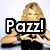 Pixelated image of a person with light brown hair holding a black rectangular sign with white text reading "POZZ!" against a light background.