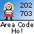 Pixelated character with blonde hair, red skirt, and pink-and-white top stands against blue gradient background; black text displays '202 703' above white banner reading 'Area Code Ho!' in pixel font.