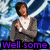 A person in a gray cardigan and white shirt stands against a blue patterned background with purple text overlays.