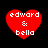 Four red heart-shaped icons with white text "edward & bella" on black background, arranged in a