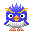 Pixelated blue bird with spiky crest, orange beak, white chest, and orange-and-white checkered feet stands against gray background.