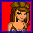 A 4-frame pixel art contact sheet showing a cartoon woman in various poses with red background and blue border, including full body, midsection, legs, and text panel.